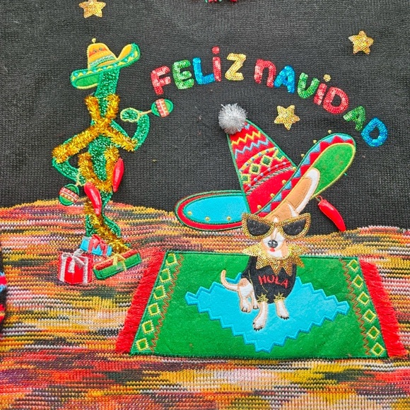 CHRISTMAS Sweater Women's XL (16-18) Feliz Navidad Chihuahua Dog in Sombrero - Picture 2 of 9